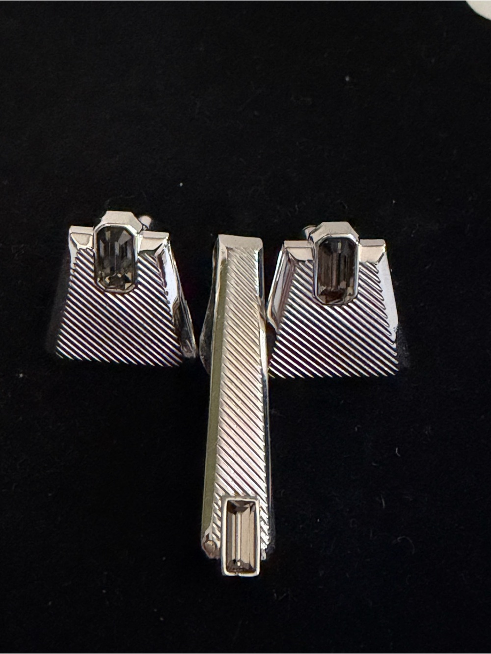 SWANK Silver Tone Cufflinks and Tie Clip with Rectangular Clear Stones